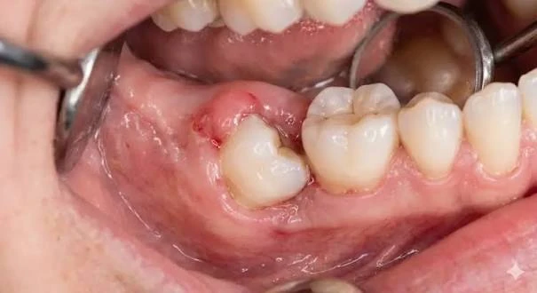 Clinical view of a partially erupted wisdom tooth